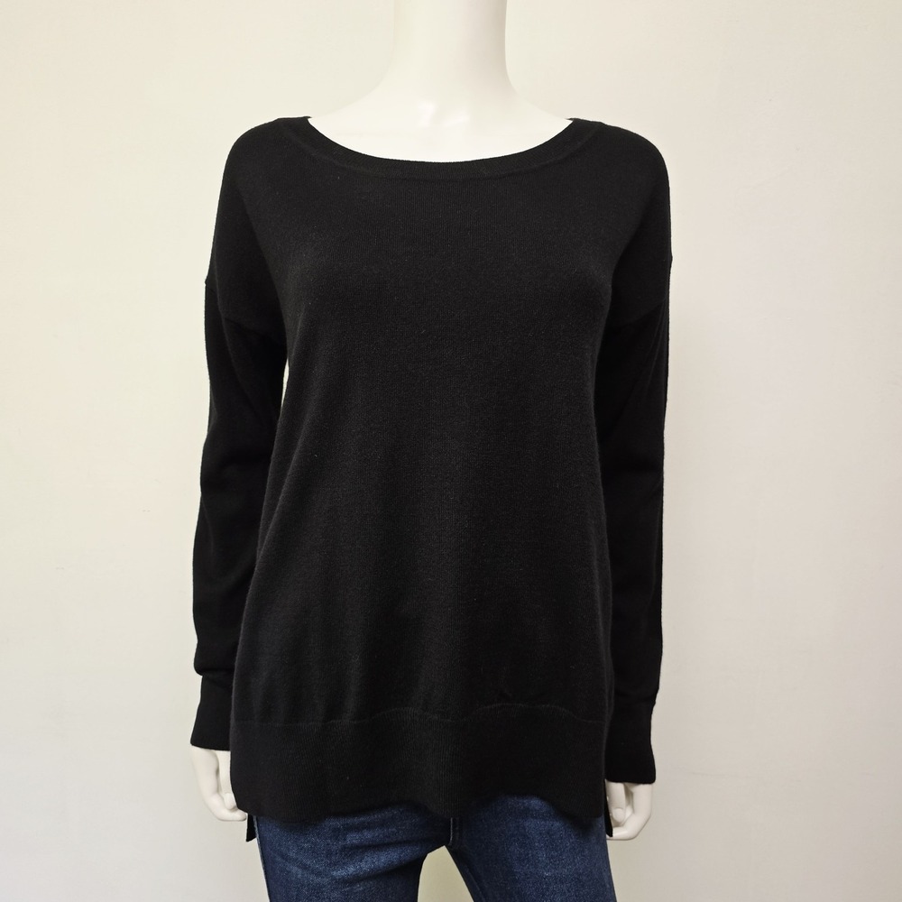 Gap Sweater Top Small Women Black Drop Shoulder Merino Wool Blend Preppy Classic
